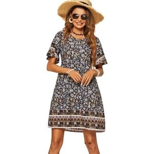 anna-kaci Bohemian Navy Print lightweight Short Sleeve Relaxed versatile Dress